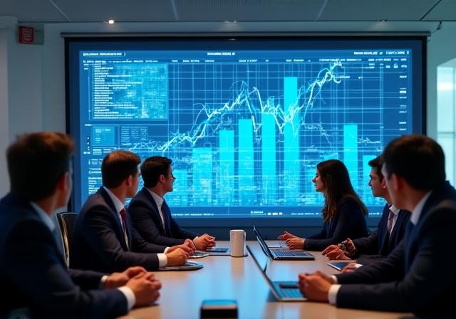 Business stakeholders reviewing growth charts on a digital screen
