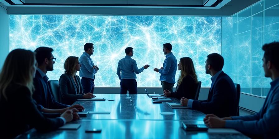 Diverse group of business professionals reviewing AI insights on a digital wall screen