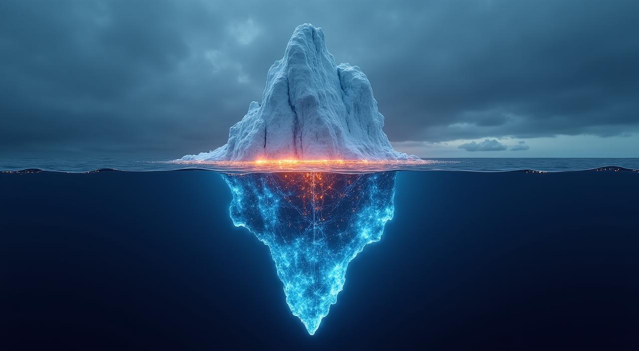 Abstract visualization of interconnected data streams and AI neural networks